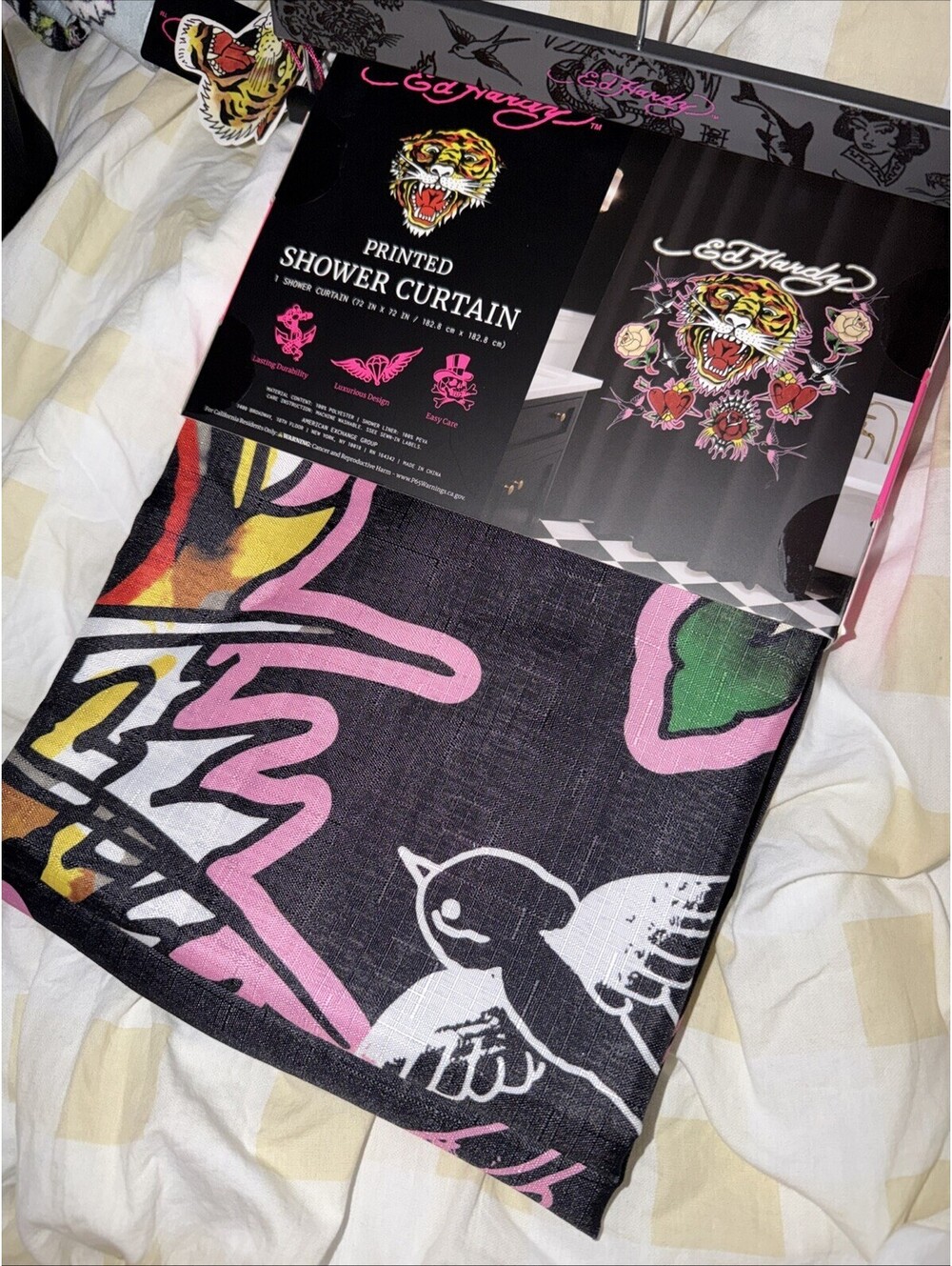 Ed Hardy Satin Black Graphic Tattoo Print Shower Curtain NWT